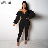 Ruched Lantern Long Sleeve Jumpsuit Women One Piece Outfit Bodycon Romper Female Black Solid Off Shoulder Jumpsuit