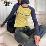 Long Sleeve Graphic T Shirts Retro Y2k Clothes for Women Letter Printed Raglan Sleeves Crop Tops
