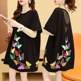 Street Backless Patchwork Midi T-shirt Female Clothing Loose Stylish Butterfly Printed Summer Casual Round Neck Pullovers-Outfit