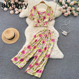 Women Summer Bohemian Floral Set Puff Sleeve Short Tops+High Waist Pleated Wide Leg Long Pants Two Pieces
