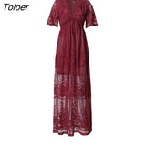 2023 Summer Boho Women Maxi Dress Loose Embroidery White Lace long Tunic Beach Dress Vacation Holiday Women