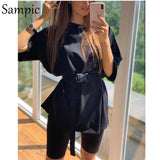 Fashion White Khaki Sexy Women Summer O Neck Short Sleeve Shirt Tops And Bodycon Shorts Bottom Suit Two Piece Sets