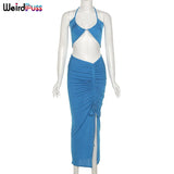 Puss Sexy Two-Piece Women Skinny Bandage Halter Corset Top+Side Slit Ruched Skirt Fit Matching Set Elegant Party