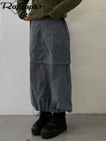 y2k Grey Retro Long Skirts Prepply Baggy Cargo Patchwork Ruched Midi Skirts Women Streetwear Pockets Korean Skirts