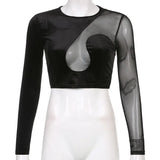 Patchwork Mesh Women Sexy Crop Tops See Through Long Sleeve Slim Black T Shirt Harajuku Goth Casual Pullover