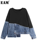 Loose Fit Denim Irregular Sweatshirt New Round Neck Long Sleeve Women Big Size Fashion Tide Spring Autumn 2023 1DE6103 703-0-Outfit