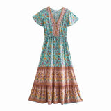 Floral print summer beach Bohemian dress for women Ladies V-neck short sleeve dress female Robe Boho hippie dress