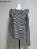 Tshirts 2023 Shirts for Women Chic Striped Long Sleeve Tunic Tees Off Shoulder Button Casual T Shirts Crop Tops Ropa Mujer-Outfit