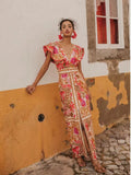 Fashion V Collar Lotus Leaf Side Positioning Flower Show Back Dress