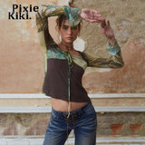 Fairy Grunge Flare Long Sleeve Crop Tops Y2k Style Square Neck Print Mesh Shirts 90s Vintage Aesthetic Clothes
