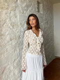 Women Y2K Vintage Retro Lace Floral Tops Ruffled Flare Long Sleeve Tie Front Sheer Slim Crop Cardigan Clubwear TShirt-Outfit