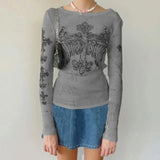 Women Vintage Y2K Grunge T-shirt Long Sleeve O Neck Gothic Cross Angel Wings Printed Retro Rhinestone Slim Fit Tops-Outfit