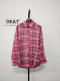 Women's Denim Shirt Loose Patchwork Burrs Edge Distressed Checkered Single Breasted Diamond Blouse 2024 Summer New Fashion-Outfit