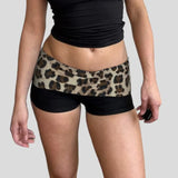 Women’s Vintage Casual 2Pieces Y2K Outfits Off Shoulder Leopard Print Patchwork Crop Tops + Sexy Low Waist Shorts Set-Outfit
