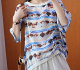 Women's Fashion Casual Temperament Street Thin Chiffon Half Sleeve Shirt Retro Printed Bat Sleeve Loose Comfortable Top-Outfit