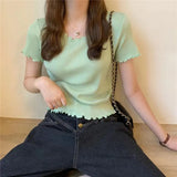 Women Summer Lovely Korean Preppy Style Basic Edible Tree Fungus Sweet Girl Solid Tops Thin Knitted Short Sleeve