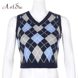 Argyle Plaid Preppy Style Knitting Sweater Vest Women Clothes Streetwear Retro Tank Top 2020 Autumn Knitwear