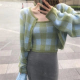 ) Korean Fashion Plaid Knitted Cardigan + Checkered Vest Two-piece Set Blusa De Frio Feminina Sueters De Mujer