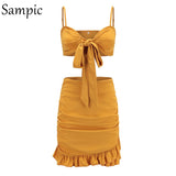 Ruffle High Waist Two Piece Skirt Set Backless Bow Crop Top Club Outfits Sexy 2 Piece Set Women Summer Matching