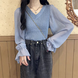 Temperament Spliced Chiffon Sleeve Long-Sleeved Top Women's Spring And Autumn New Design Sense Slimming