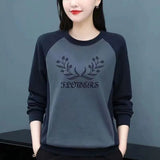 and Autumn Women's Pure Cotton Round Neck Sweater Spliced Large Long Sleeve Printed Solid Color Pullover T-shirt Tops-Outfit