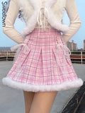 Pink Stripe Plaid Cute Kawaii Y2K Pleated Skirts Womens Fur Trim Lace Up High Waist Mini Skirt Baby Girl Holiday