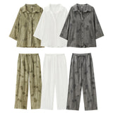 Seven-Sleeve V-Neck Loose Shirt Tight Waist Broad Leg Trousers Casual Suit Woman 2025 Spring And
