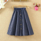 Waist Skirt Casual Striped Bow Denim Women Solid Color Long Skirt Female Elegant Big Hem Casual Button Jean