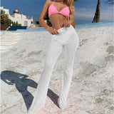 Women Pants Beach Sheer Cover Up Bell Bottom Flared Pants Solid Color High Waist Ladies Trousers See Through Women