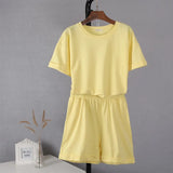 Summer Cotton Sets Women Casual Two Pieces Short Sleeve T Shirts and High Waist Short Pants Solid Outfits