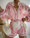 Early Spring Court Wind Lantern Sleeve Single Door Lamp Printed Shorts