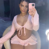 Fashion Sexy Bell-Sleeved V-Neck Crop Top And Super Shorts Two Piece