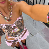 2024 Summer New Women's Fresh Sweet Bow Leopard Dew Back Repair