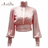Women Sexy Lace Up Bow Satin Blouse Turtleneck Shirt Backless Blouses Blusas Women Puff Sleeve Crop Top Spring