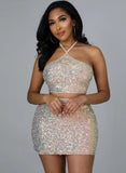 Sequins Halter Crop Top and Mini Skirt Two Piece