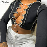 sexy hollow out bandage tops women neon color Ribbed knitting tee shirt female 2021 summer club party street casual