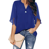 Toloer Women's Women's Short Sleeve Elegant Casual Solid Color V Collar Chiffon Shirt Chiffon