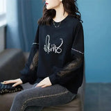 Lace Patchwork Pullovers Female Clothing Casual Round Neck Loose Spring Autumn Printed Korean Long Sleeve