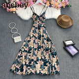 New Summer Fashion V-neck sleeveless off shoulder Dress high waist pleated waist print mid-length A-line