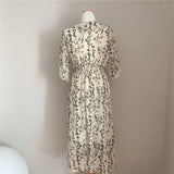 Korea Fashion Clothing Summer Slim Elastic Waist A Line V Neck Elegant Office Lady Floral Chic Chiffon Long Dress