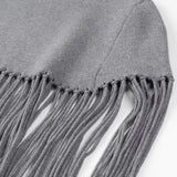Autumn Gray Knitting Long Tassel Cape Pullover Sweater Women High Collar Loose Fringed Shawl Knitwear Oversized Jumper-Outfit