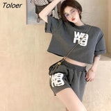 Street Casual Sports Suits Women Summer Short T-shirt Tops Wide Legs Shorts Fashion Running Two Piece Sets Womens