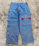 Tide Brand Hip-Hop Fully Embroidered Jeans High Street Skateboard Teenagers Loose Straight Wide-Legged Trousers-Outfit