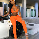Casual Sporty Set Woman 2 Pieces Halter Crop Top Camisole High Waist Pants Matching Sets Sexy Backless Solid Slim