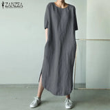 ZANZEA Women O Neck Short Sleeve Sundress Summer Solid Cotton Linen Dress Split Long Vestido Female Robe Casual Party