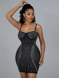 Sexy Black Rhinestone Beaded Straps Bodycon Club