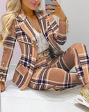 Femme Formal Jacket & Trousers Office Lady Outfits Autumn Women two Pieces set Chain Print Blazer Coat & Pants Suit