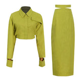 Solid Casual Two Piece Set For Women Lapel Collar Long Sleeve Short Top High Waist Slim Skirt Female 2022