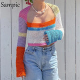 Long Sleeve Knitted Patchwork Autumn 2021 Y2K Sweater Tops Women Winter Hollow Out Skinny Pullover Crop Jumpers