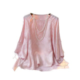 Printed Mulberry Silk Blouse Women's New Chinese Style Disc Button Round Collar Imitation Silk Shirt In Summer 2023-Outfit